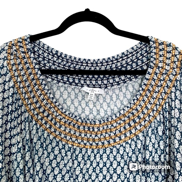 FEVER PLUS Women’s Bohemian/Pheasant Tunic Top Blue/Wht Embroidered Gold Lace 3X - Picture 3 of 9